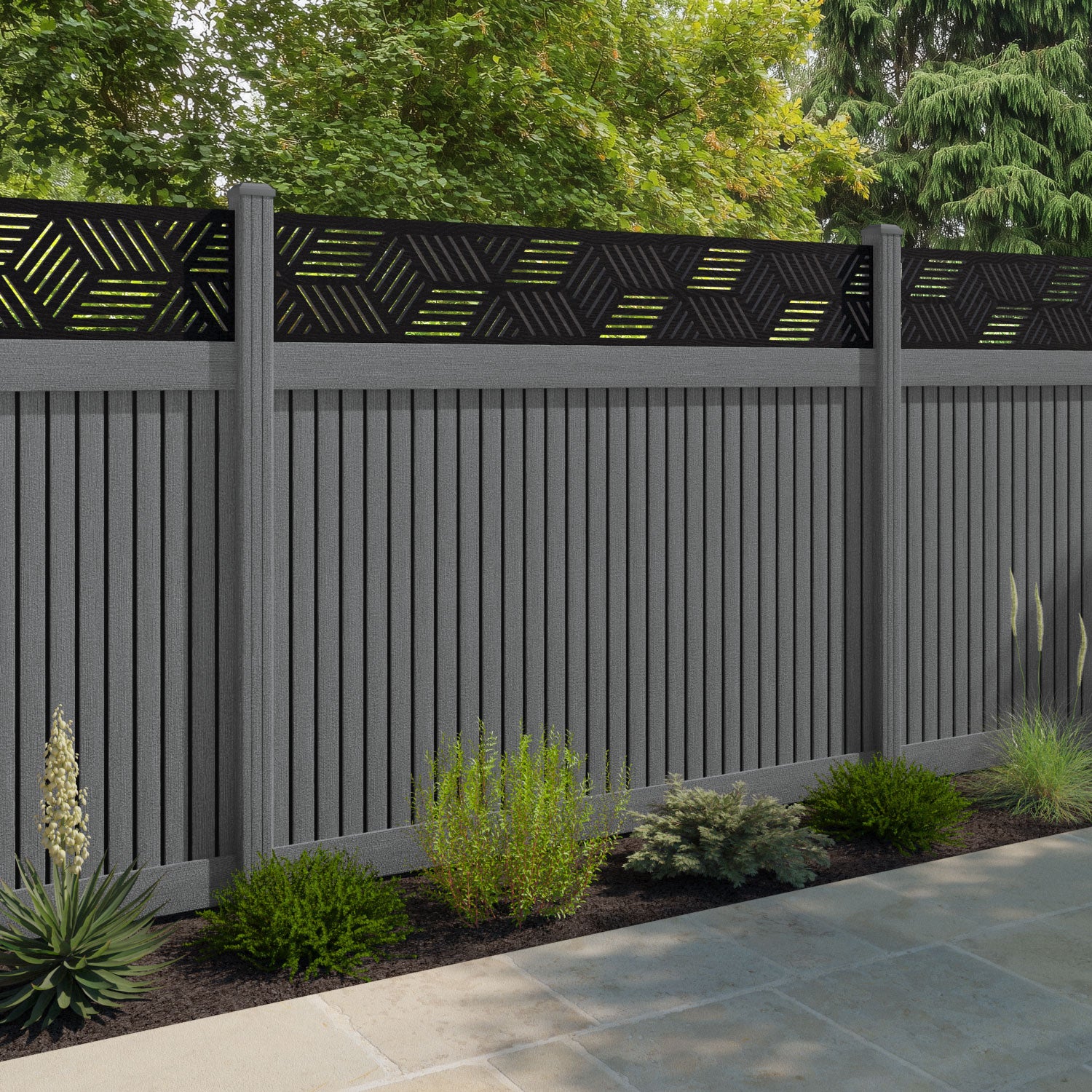 Virtis Cubed Fence Panel - Mid Grey - with our composite posts
