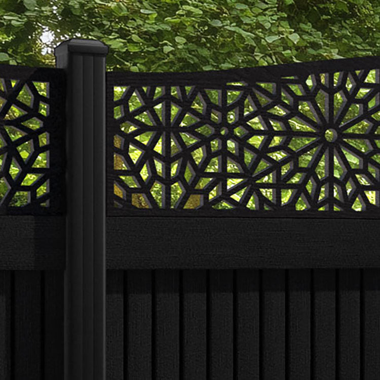 Virtis Alnara Curved Top Fence Panel - Black - with our aluminium posts