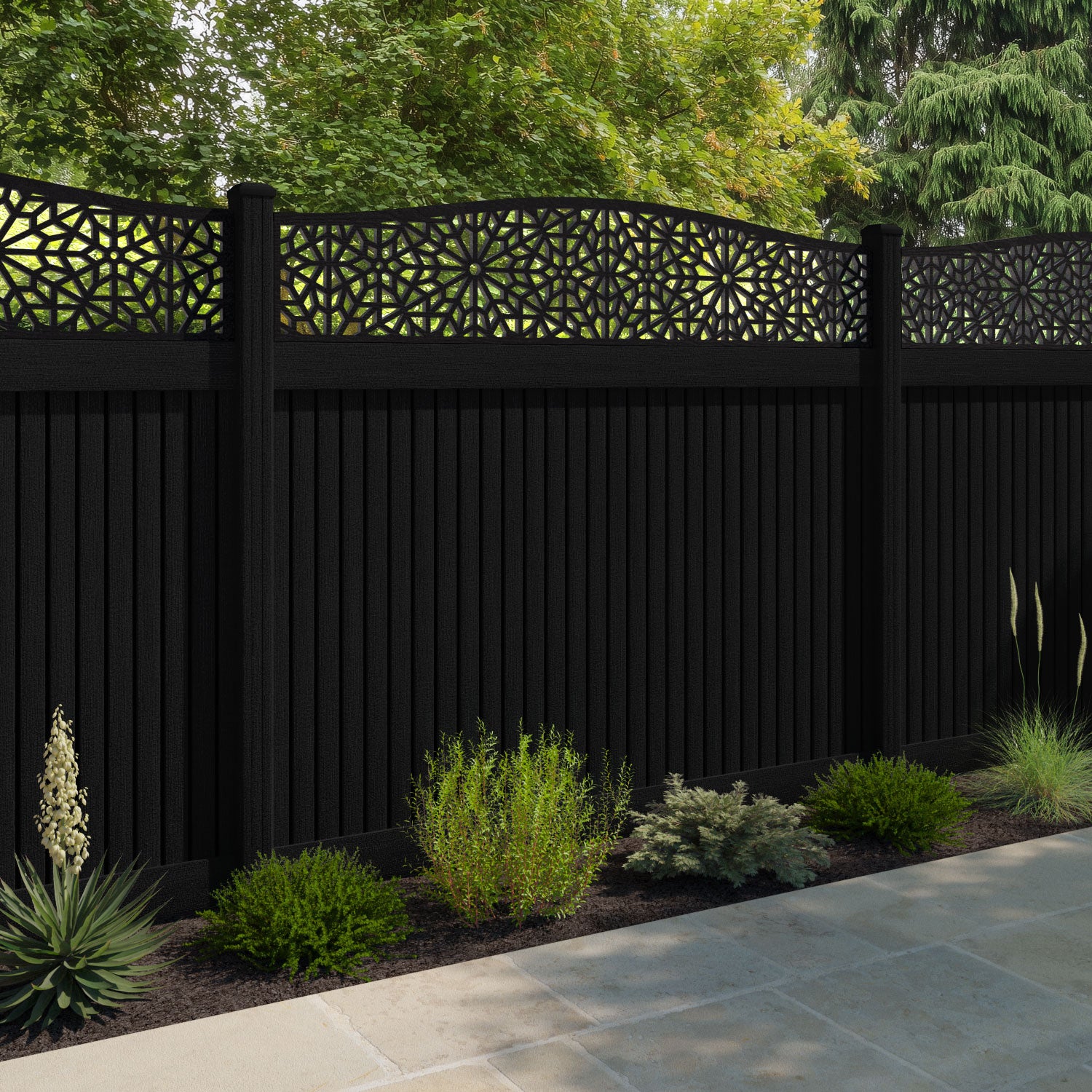 Virtis Alnara Curved Top Fence Panel - Black - with our composite posts