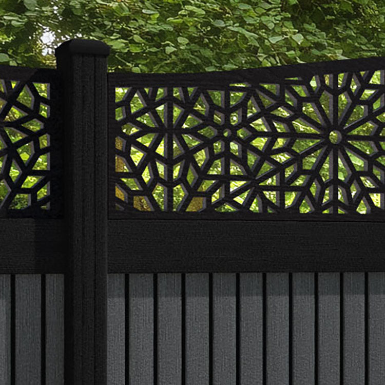 Virtis Alnara Curved Top Fence Panel - Dark Grey - with our aluminium posts