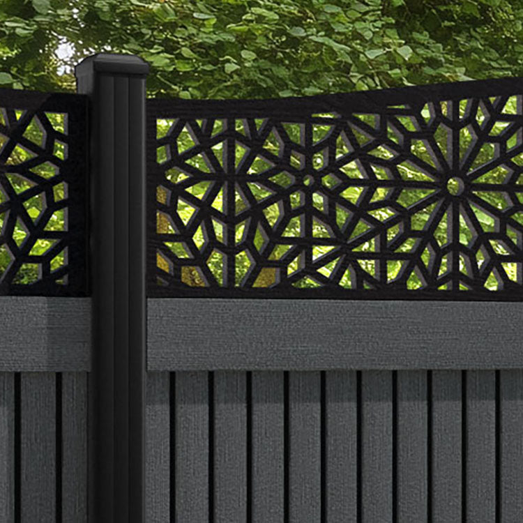 Virtis Alnara Curved Top Fence Panel - Dark Grey - with our aluminium posts