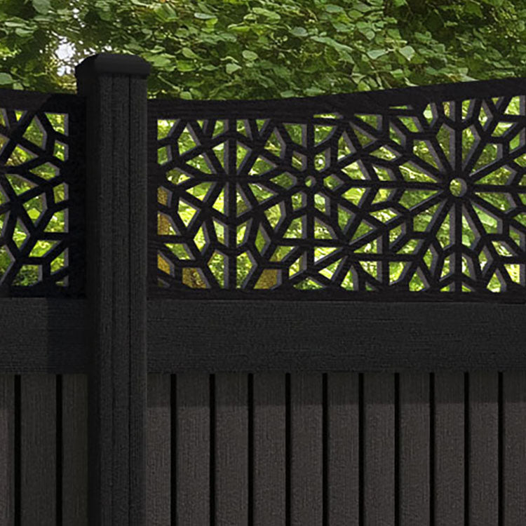 Virtis Alnara Curved Top Fence Panel - Dark Oak - with our composite posts