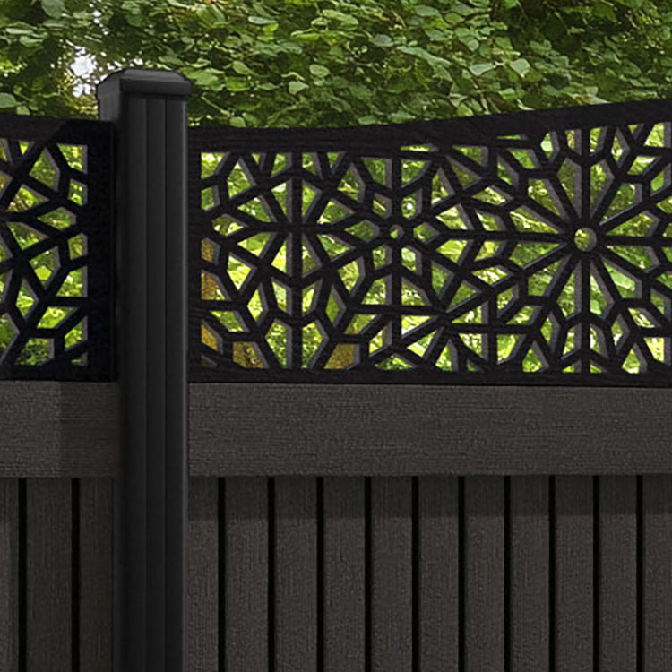Virtis Alnara Curved Top Fence Panel - Dark Oak - with our aluminium posts