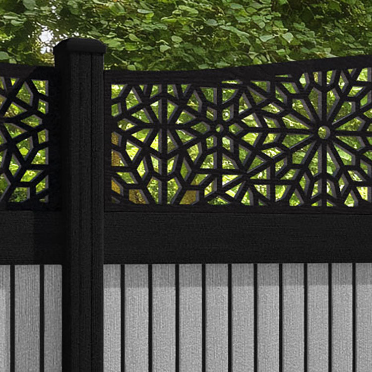 Virtis Alnara Curved Top Fence Panel - Light Grey - with our aluminium posts