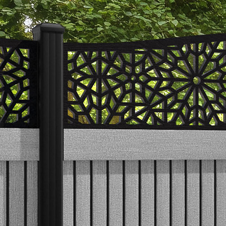 Virtis Alnara Curved Top Fence Panel - Light Grey - with our aluminium posts