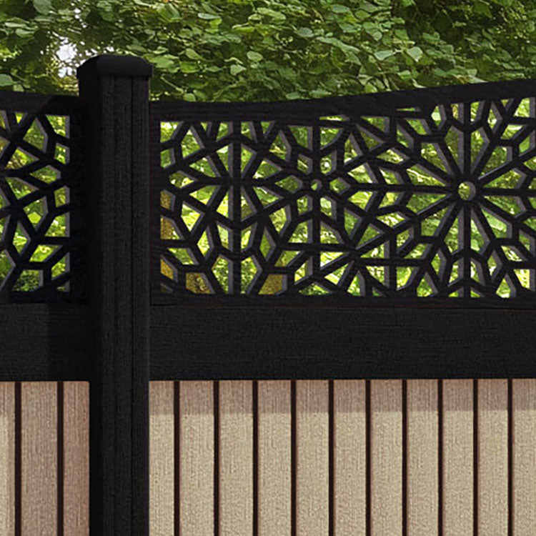 Virtis Alnara Curved Top Fence Panel - Light Oak - with our aluminium posts