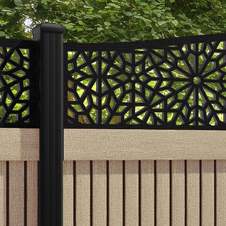 Virtis Alnara Curved Top Fence Panel - Light Oak - with our aluminium posts