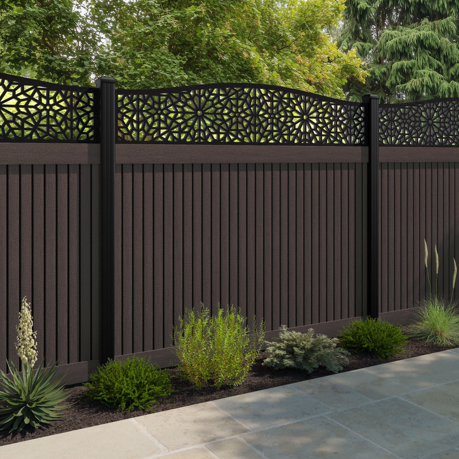 Virtis Alnara Curved Top Fence Panel - Mid Brown - with our composite posts