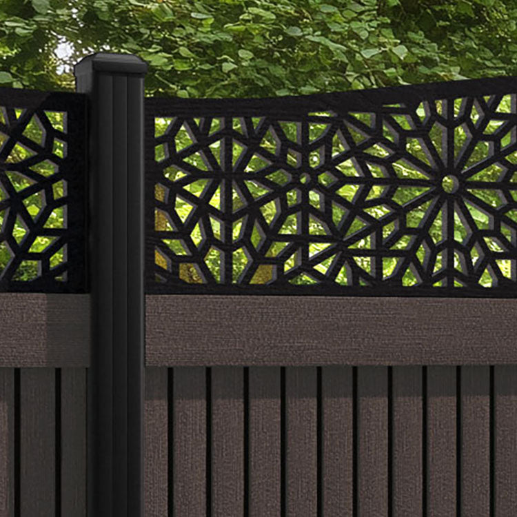 Virtis Alnara Curved Top Fence Panel - Mid Brown - with our aluminium posts