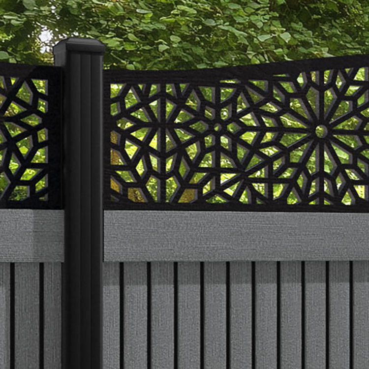 Virtis Alnara Curved Top Fence Panel - Mid Grey - with our aluminium posts
