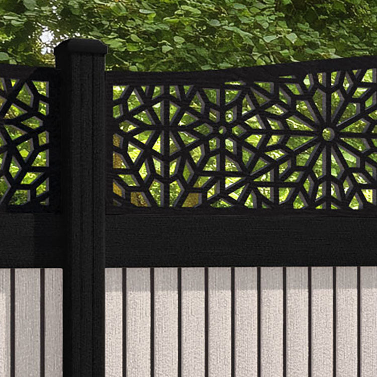 Virtis Alnara Curved Top Fence Panel - Mid Stone - with our aluminium posts