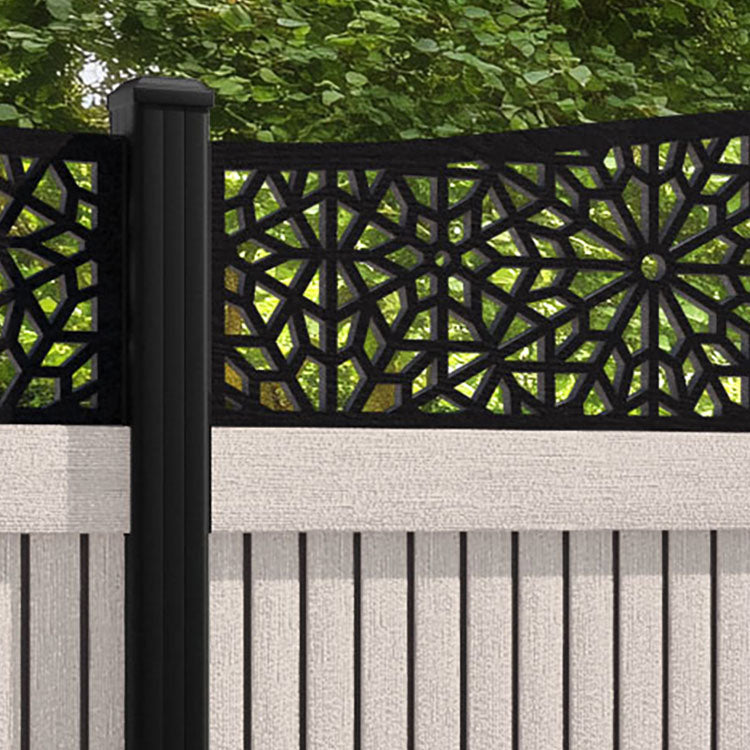 Virtis Alnara Curved Top Fence Panel - Mid Stone - with our aluminium posts