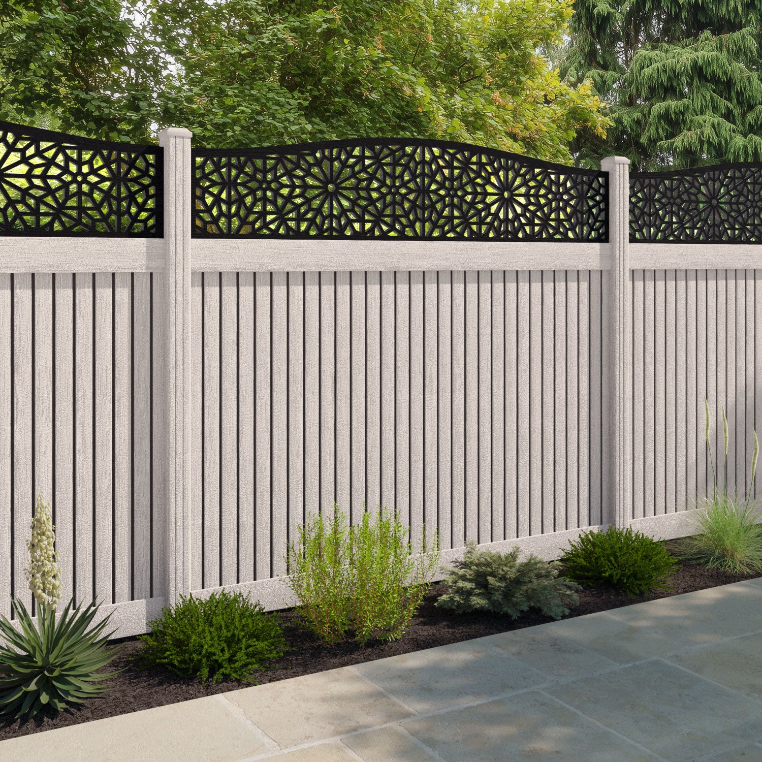 Virtis Alnara Curved Top Fence Panel - Mid Stone - with our composite posts