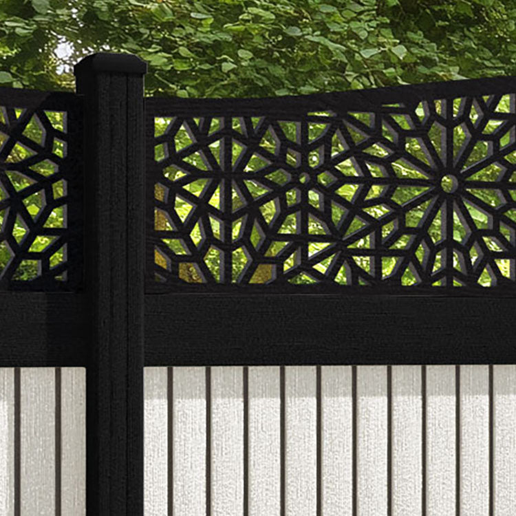 Virtis Alnara Curved Top Fence Panel - Light Stone - with our aluminium posts
