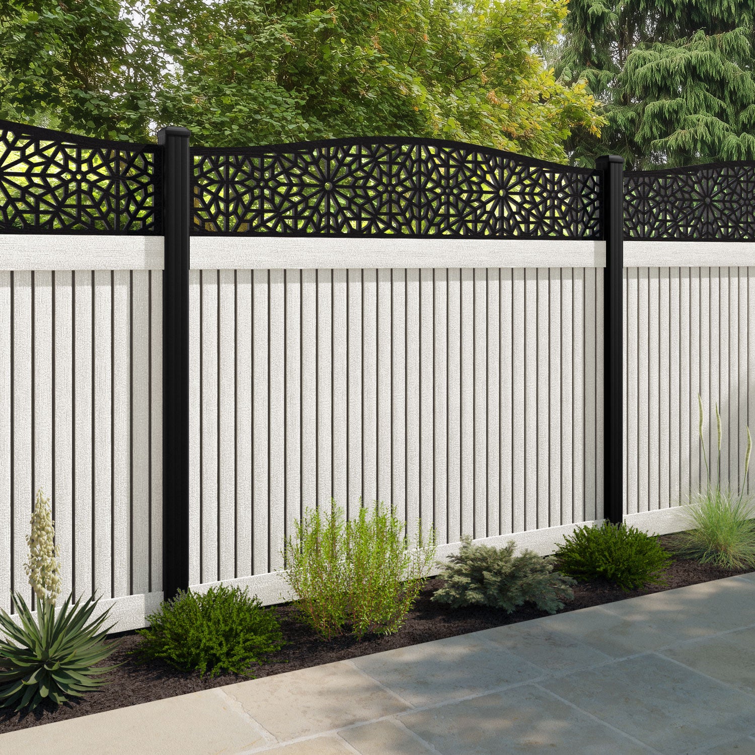 Virtis Alnara Curved Top Fence Panel - Light Stone - with our composite posts