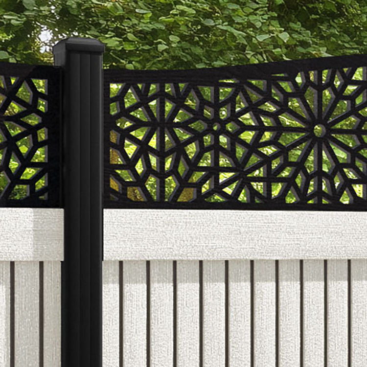 Virtis Alnara Curved Top Fence Panel - Light Stone - with our aluminium posts