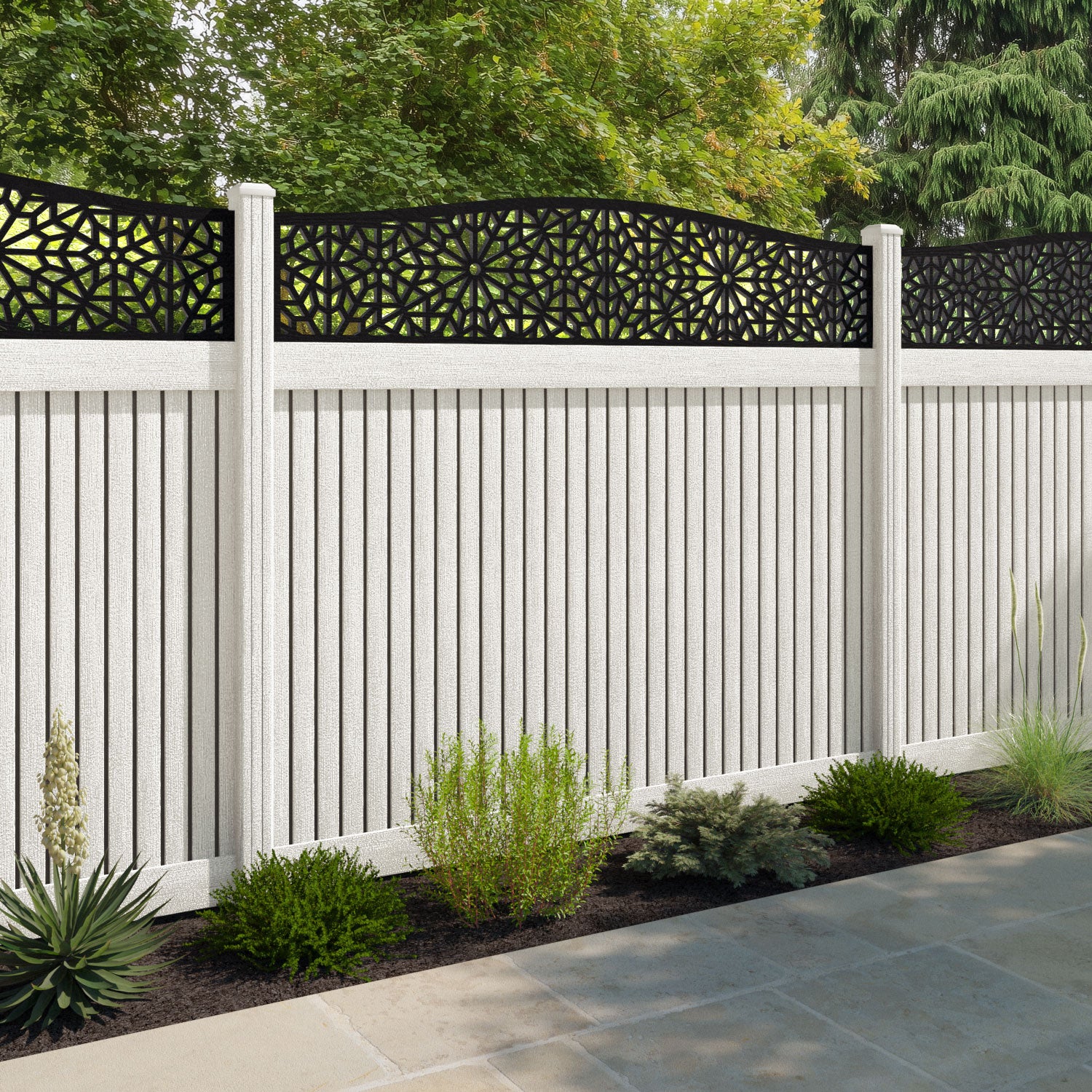 Virtis Alnara Curved Top Fence Panel - Light Stone - with our composite posts