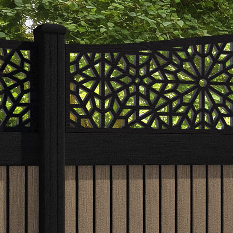 Virtis Alnara Curved Top Fence Panel - Teak - with our aluminium posts