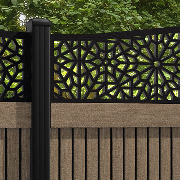 Virtis Alnara Curved Top Fence Panel - Teak - with our aluminium posts