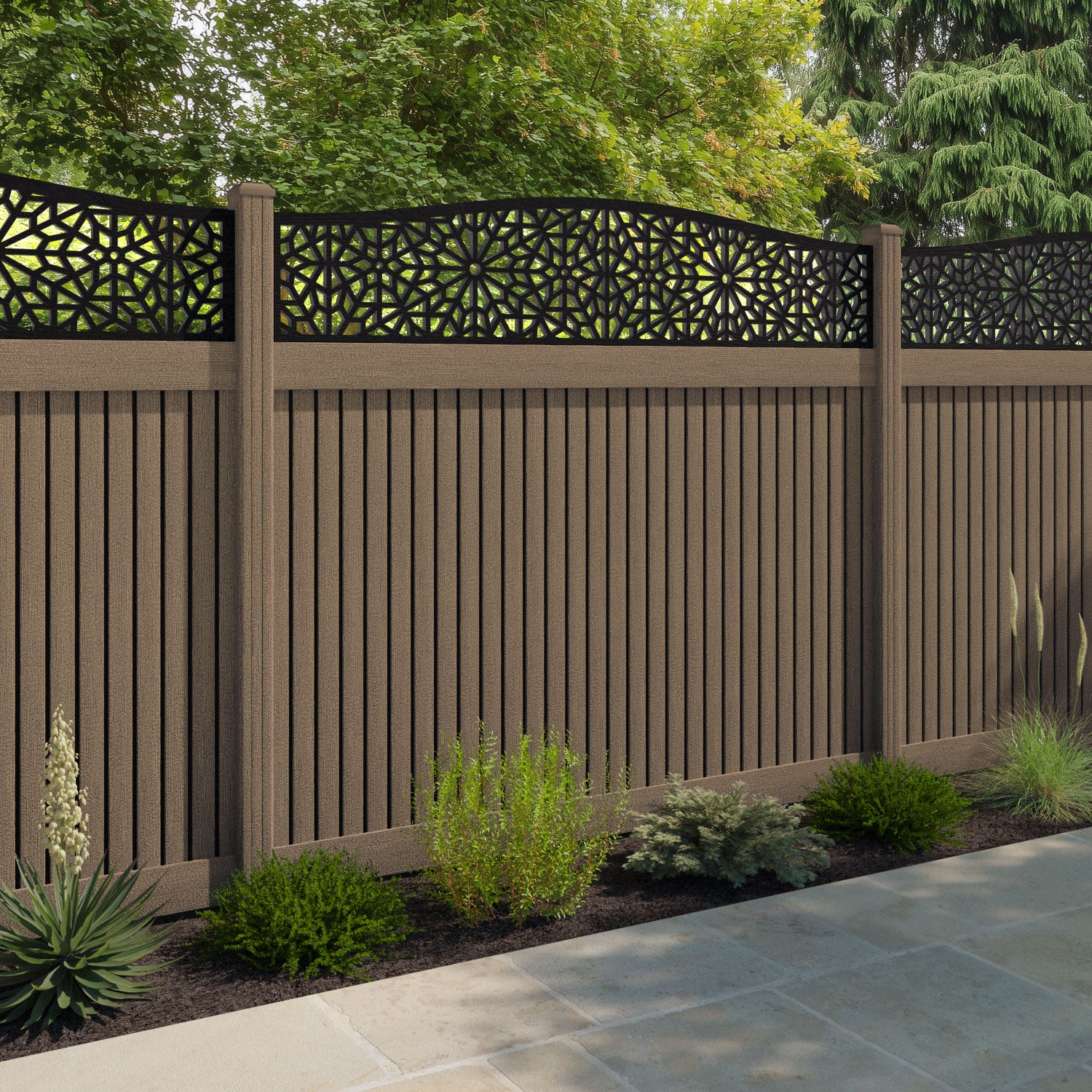 Virtis Alnara Curved Top Fence Panel - Teak - with our composite posts