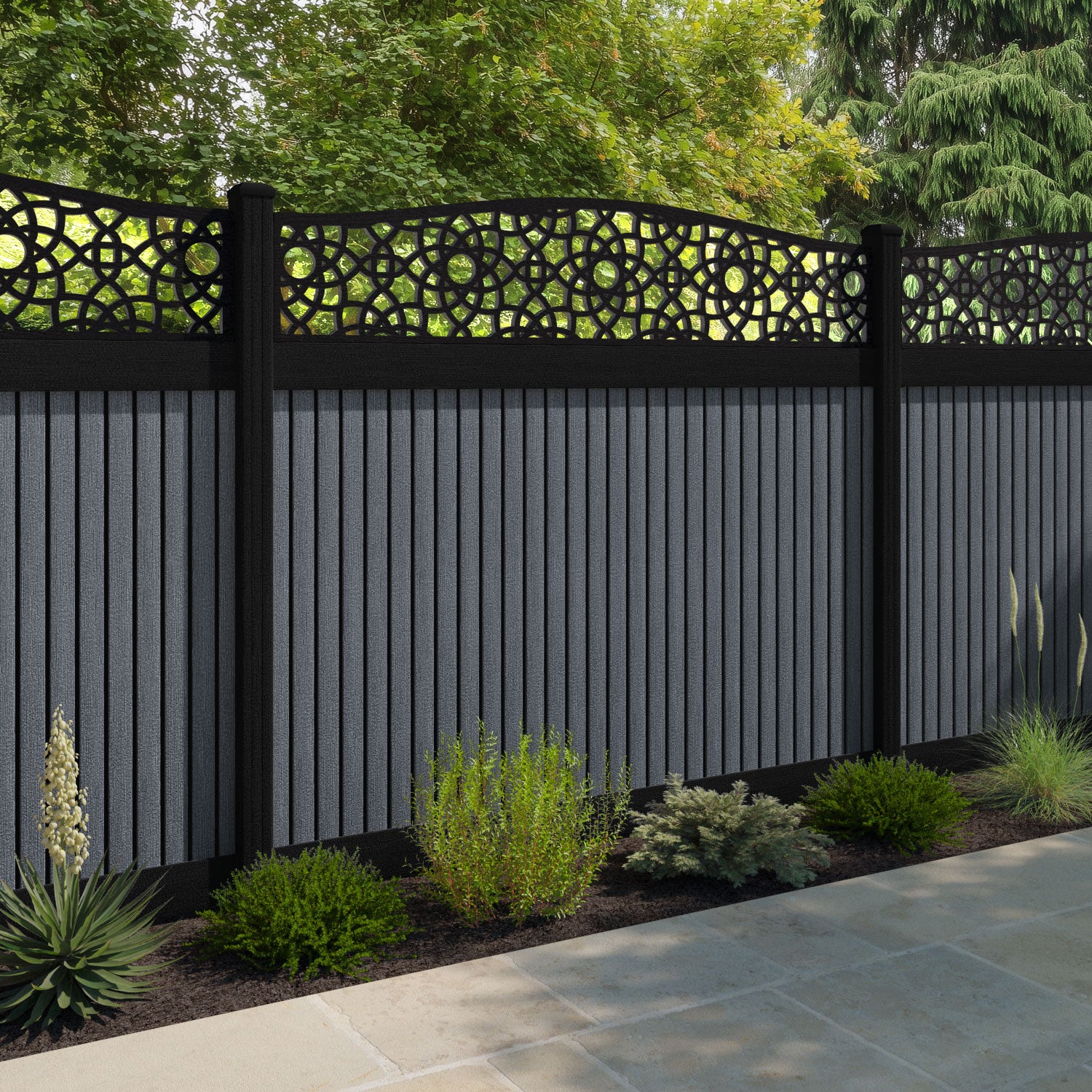 Virtis Ambar Curved Top Fence Panel - Anthracite - with our aluminium posts