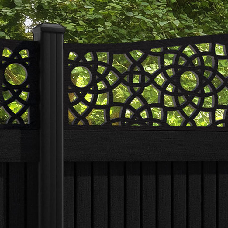 Virtis Ambar Curved Top Fence Panel - Black - with our aluminium posts