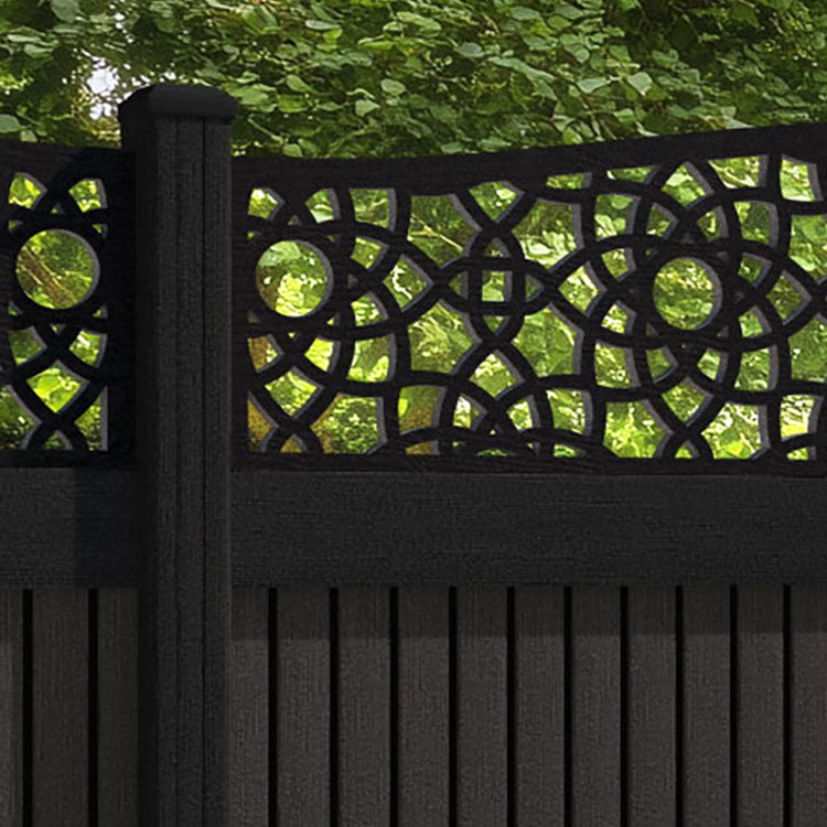 Virtis Ambar Curved Top Fence Panel - Dark Oak - with our aluminium posts