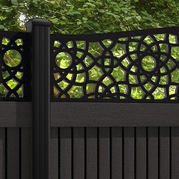 Virtis Ambar Curved Top Fence Panel - Dark Oak - with our aluminium posts