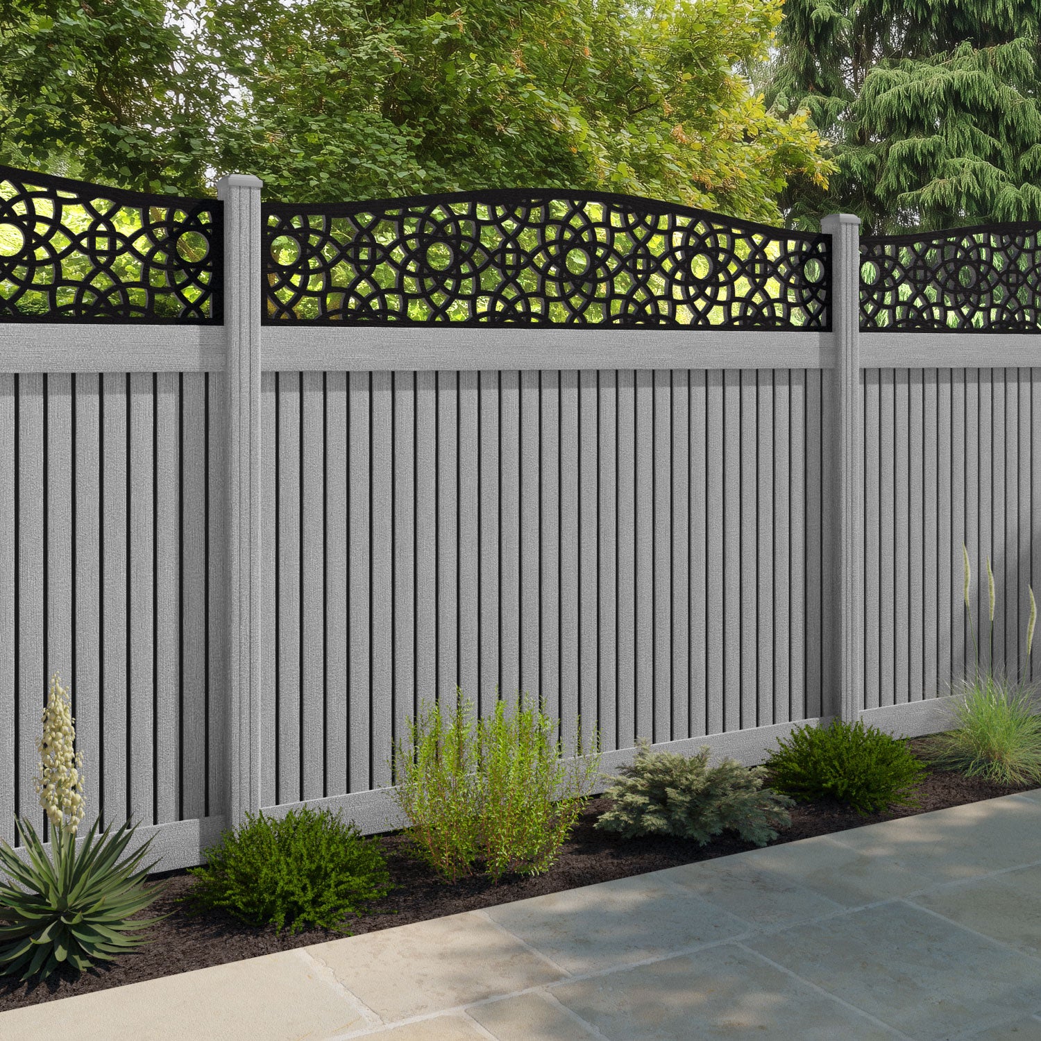 Virtis Ambar Curved Top Fence Panel - Light Grey - with our composite posts