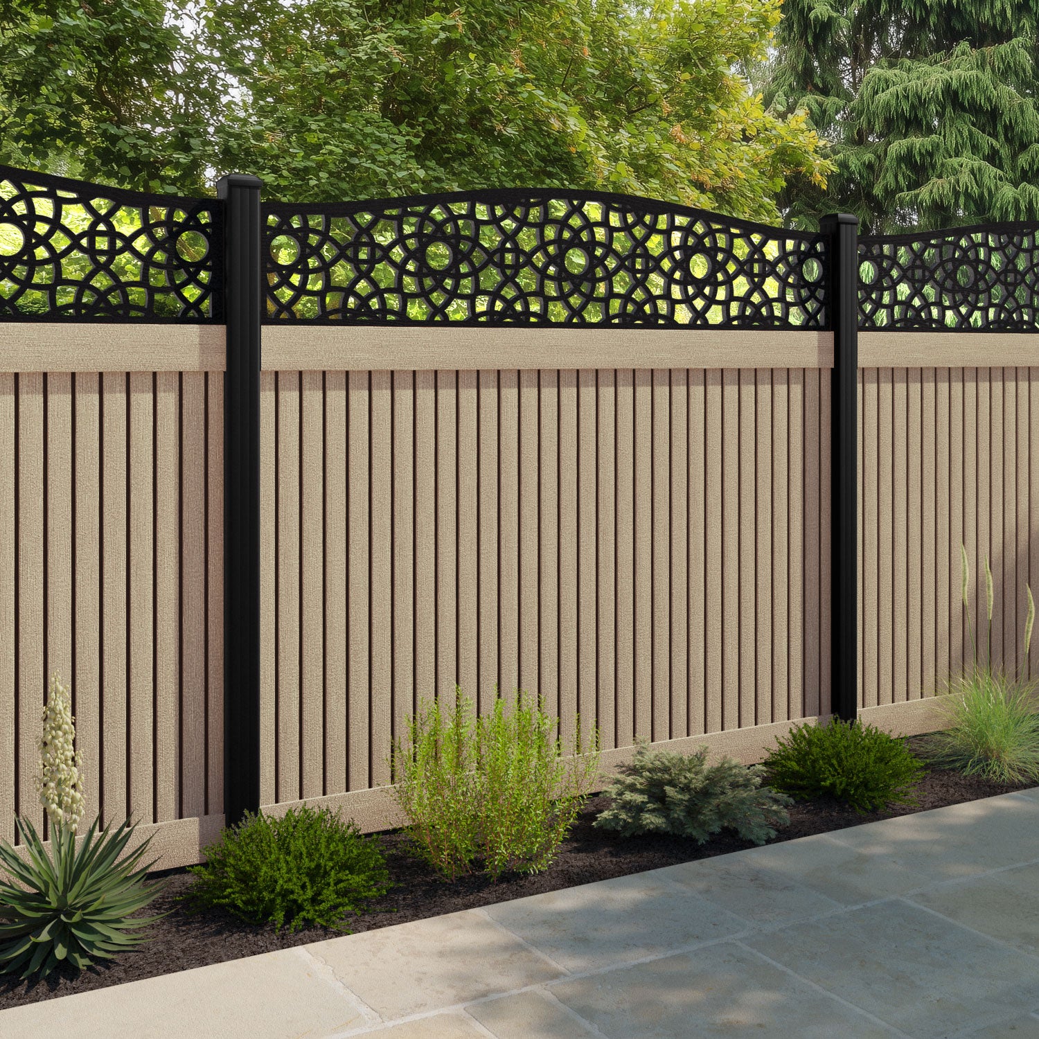 Virtis Ambar Curved Top Fence Panel - Light Oak - with our composite posts