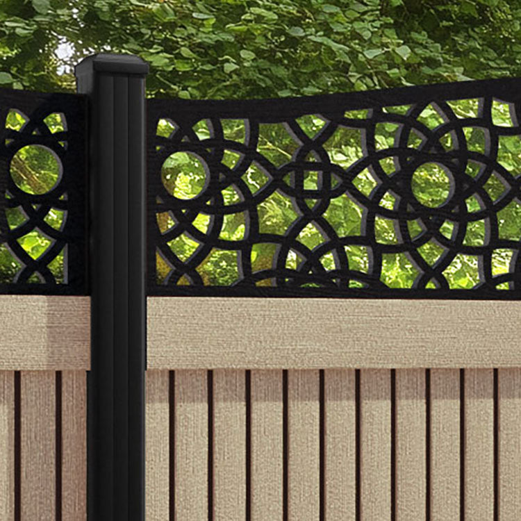 Virtis Ambar Curved Top Fence Panel - Light Oak - with our aluminium posts