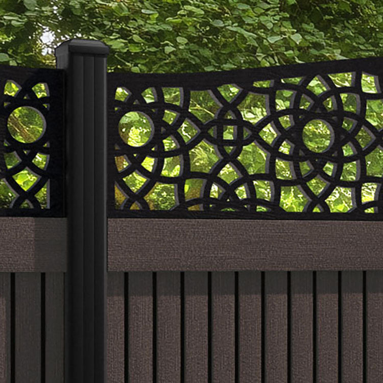 Virtis Ambar Curved Top Fence Panel - Mid Brown - with our aluminium posts