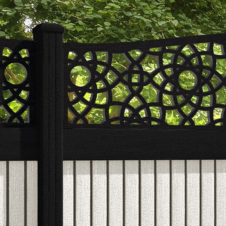 Virtis Ambar Curved Top Fence Panel - Light Stone - with our aluminium posts