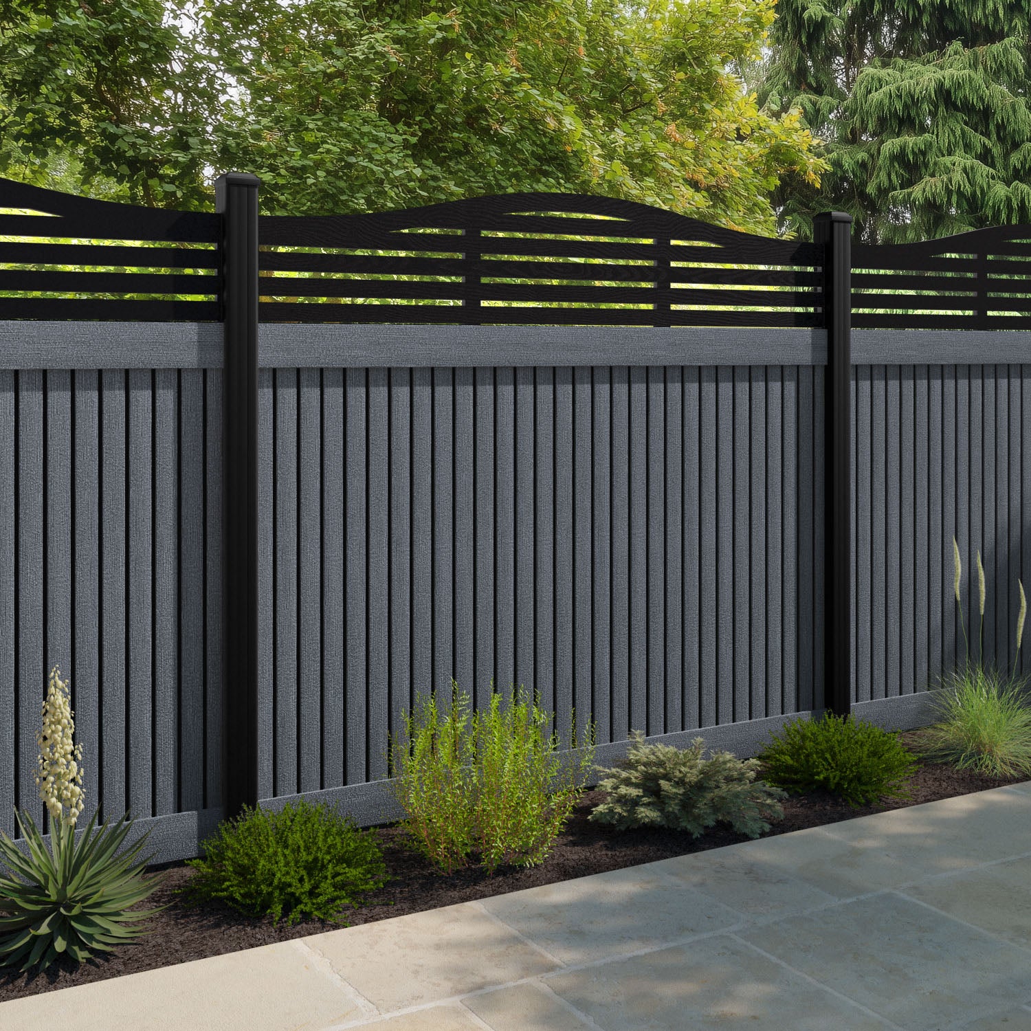 Virtis Aspen Curved Top Fence Panel - Anthracite - with our aluminium posts