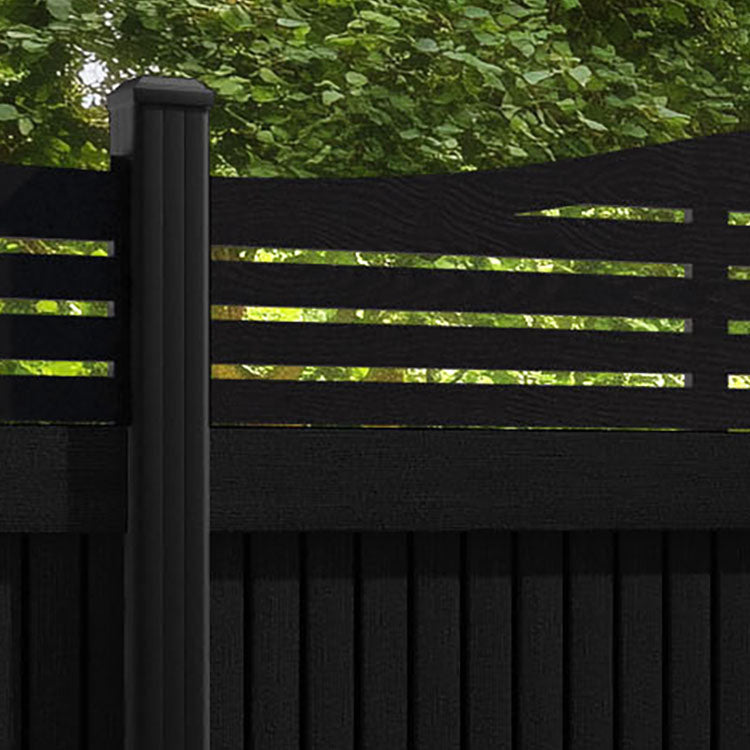 Virtis Aspen Curved Top Fence Panel - Black - with our aluminium posts