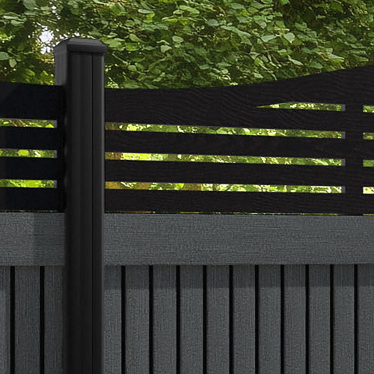 Virtis Aspen Curved Top Fence Panel - Dark Grey - with our aluminium posts
