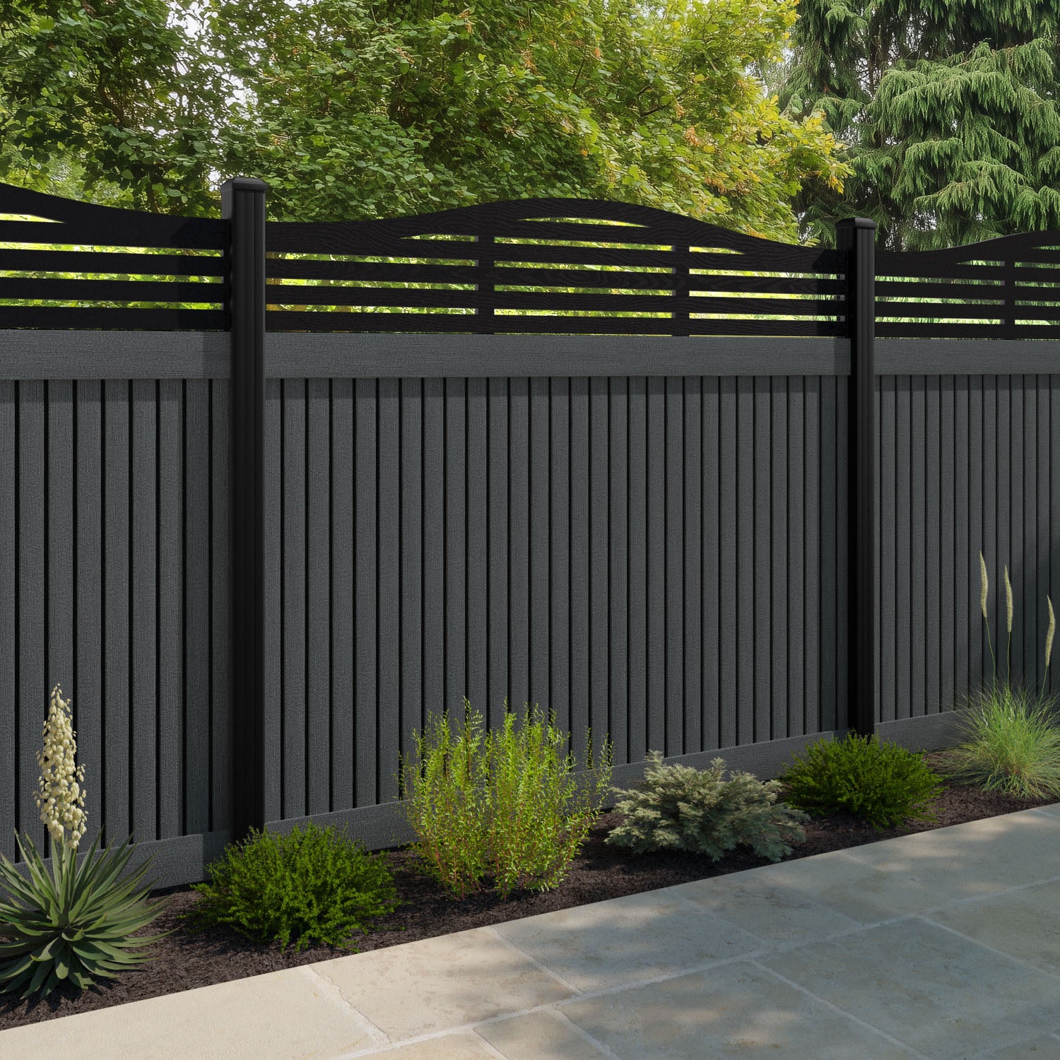 Virtis Aspen Curved Top Fence Panel - Dark Grey - with our composite posts