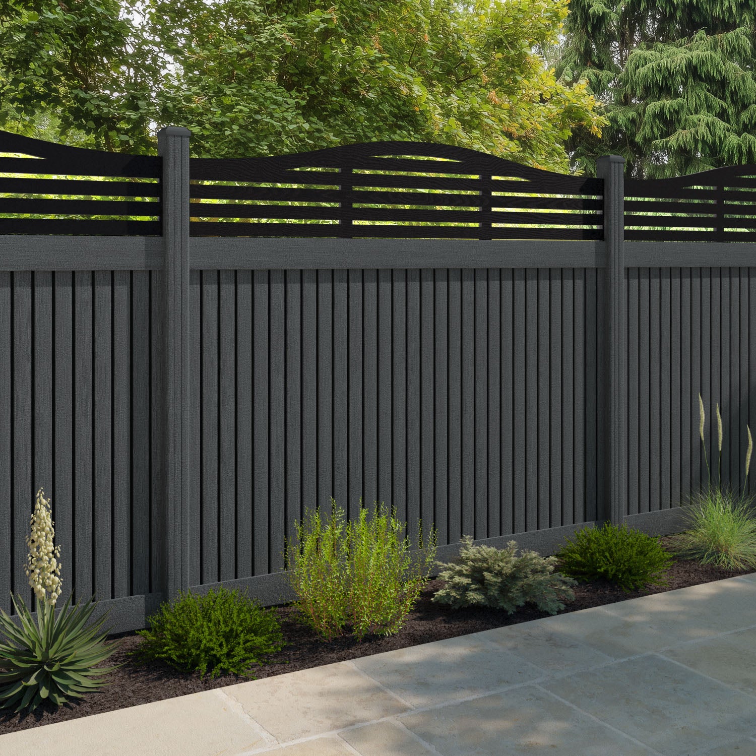 Virtis Aspen Curved Top Fence Panel - Dark Grey - with our composite posts