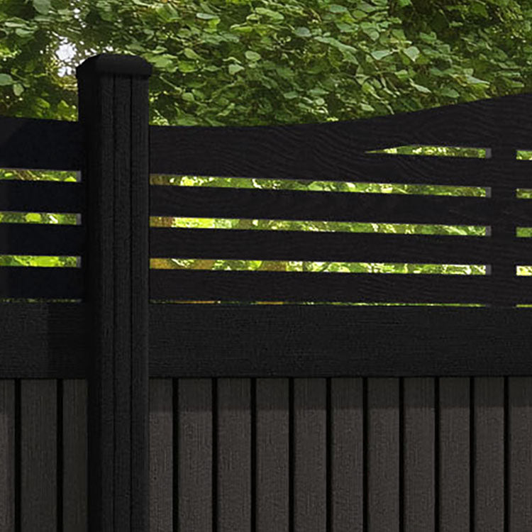 Virtis Aspen Curved Top Fence Panel - Dark Oak - with our aluminium posts