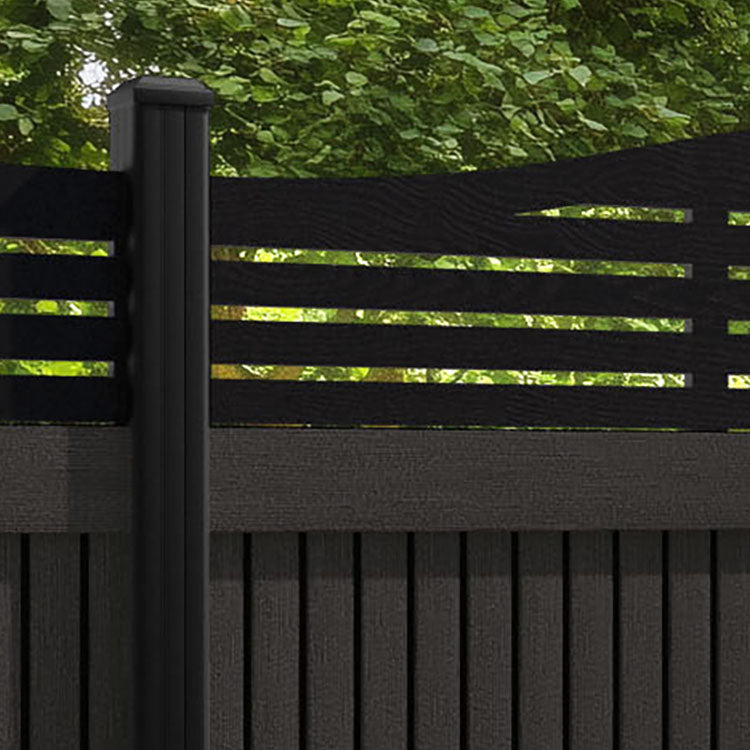 Virtis Aspen Curved Top Fence Panel - Dark Oak - with our aluminium posts