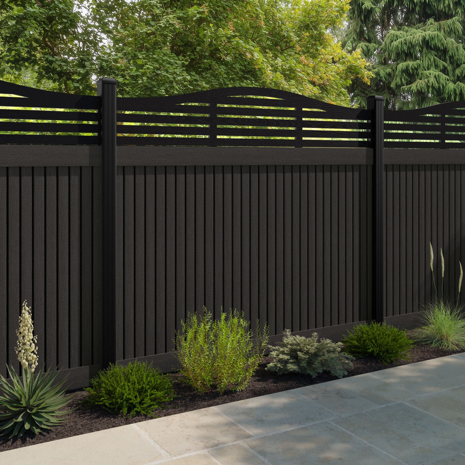 Virtis Aspen Curved Top Fence Panel - Dark Oak - with our composite posts