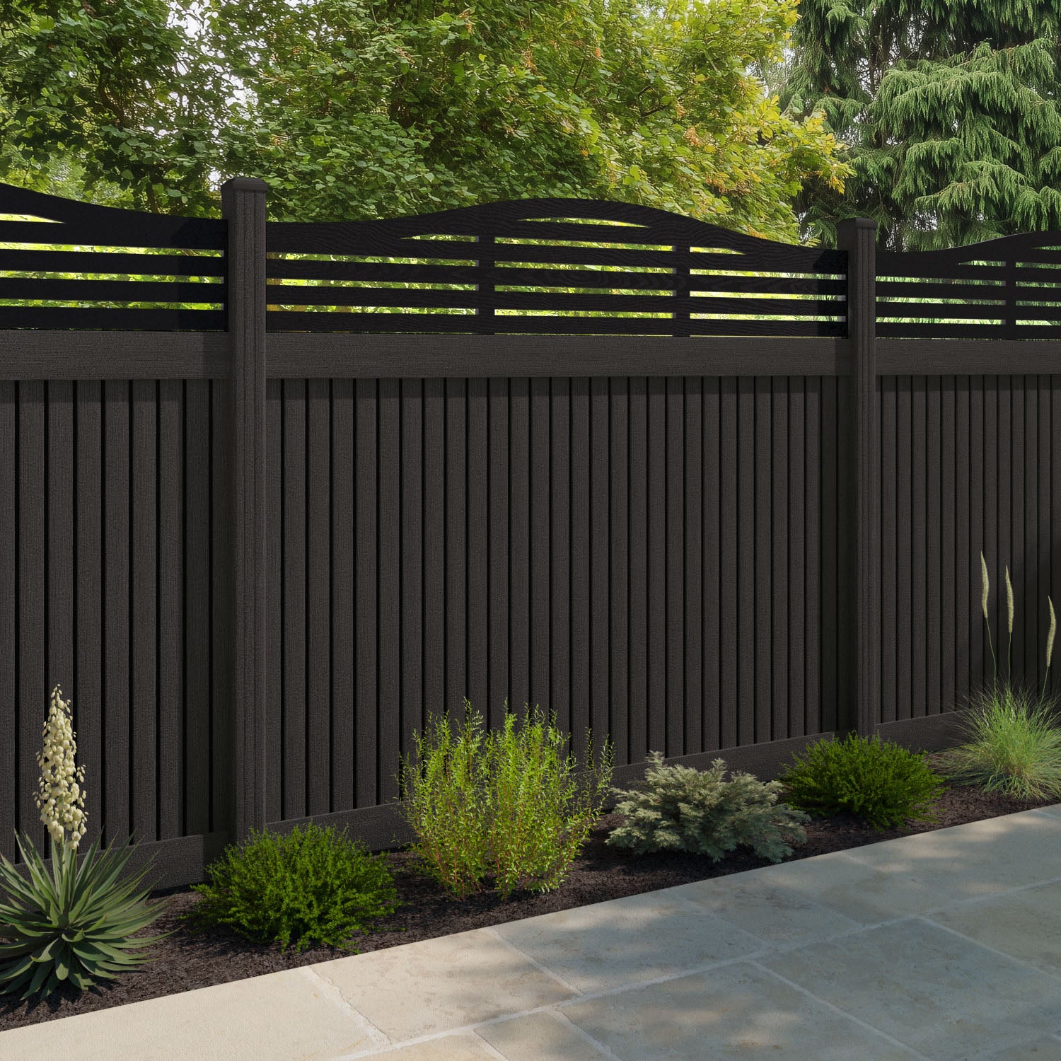 Virtis Aspen Curved Top Fence Panel - Dark Oak - with our composite posts