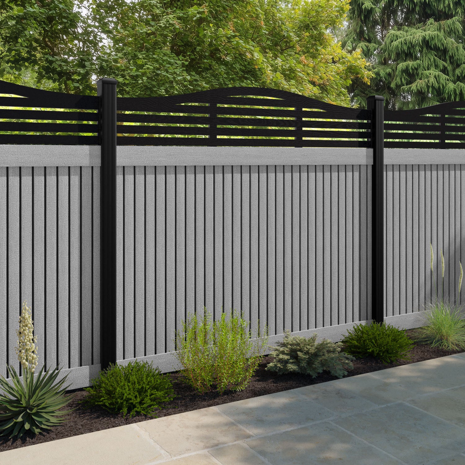 Virtis Aspen Curved Top Fence Panel - Light Grey - with our aluminium posts