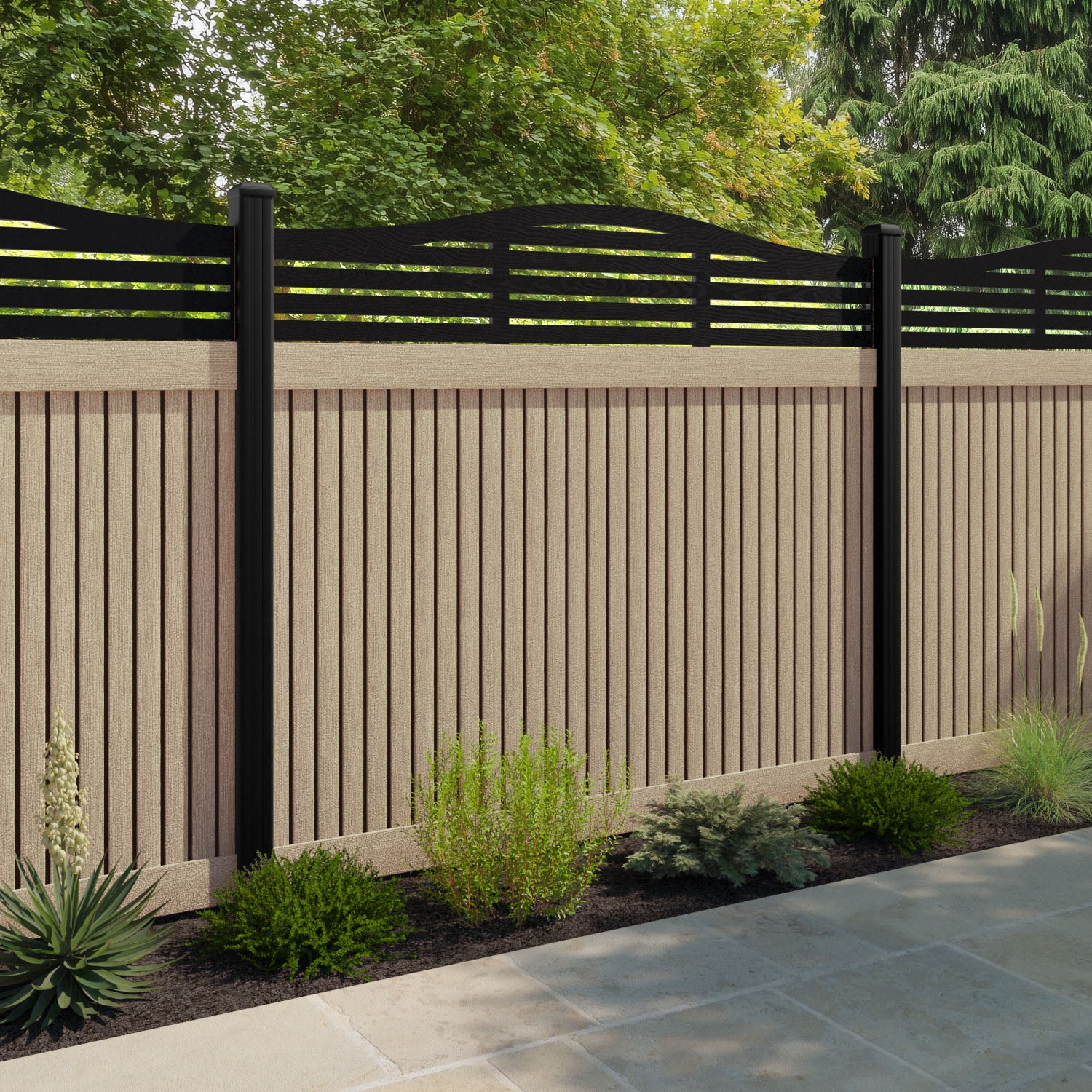 Virtis Aspen Curved Top Fence Panel - Light Oak - with our composite posts