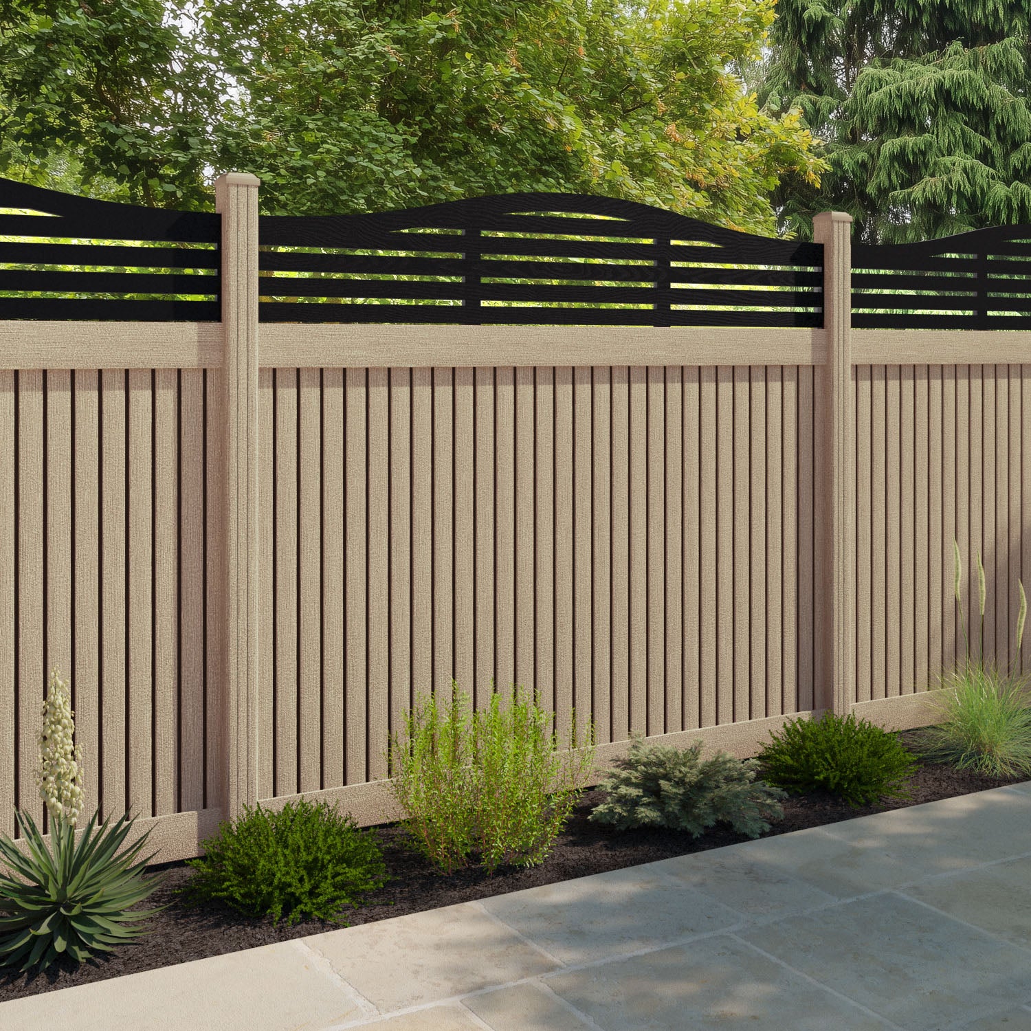 Virtis Aspen Curved Top Fence Panel - Light Oak - with our composite posts
