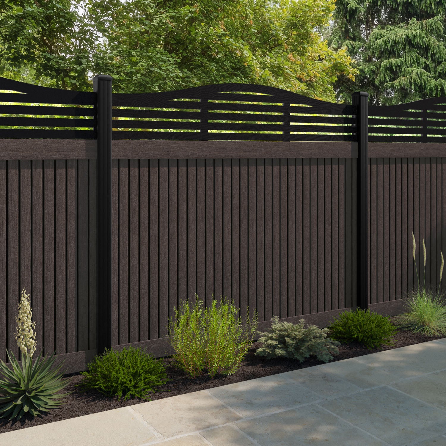 Virtis Aspen Curved Top Fence Panel - Mid Brown - with our composite posts