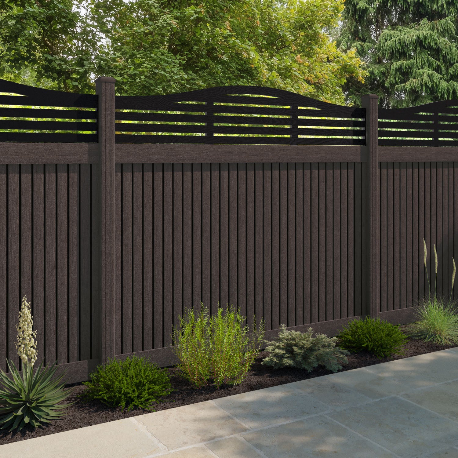 Virtis Aspen Curved Top Fence Panel - Mid Brown - with our composite posts