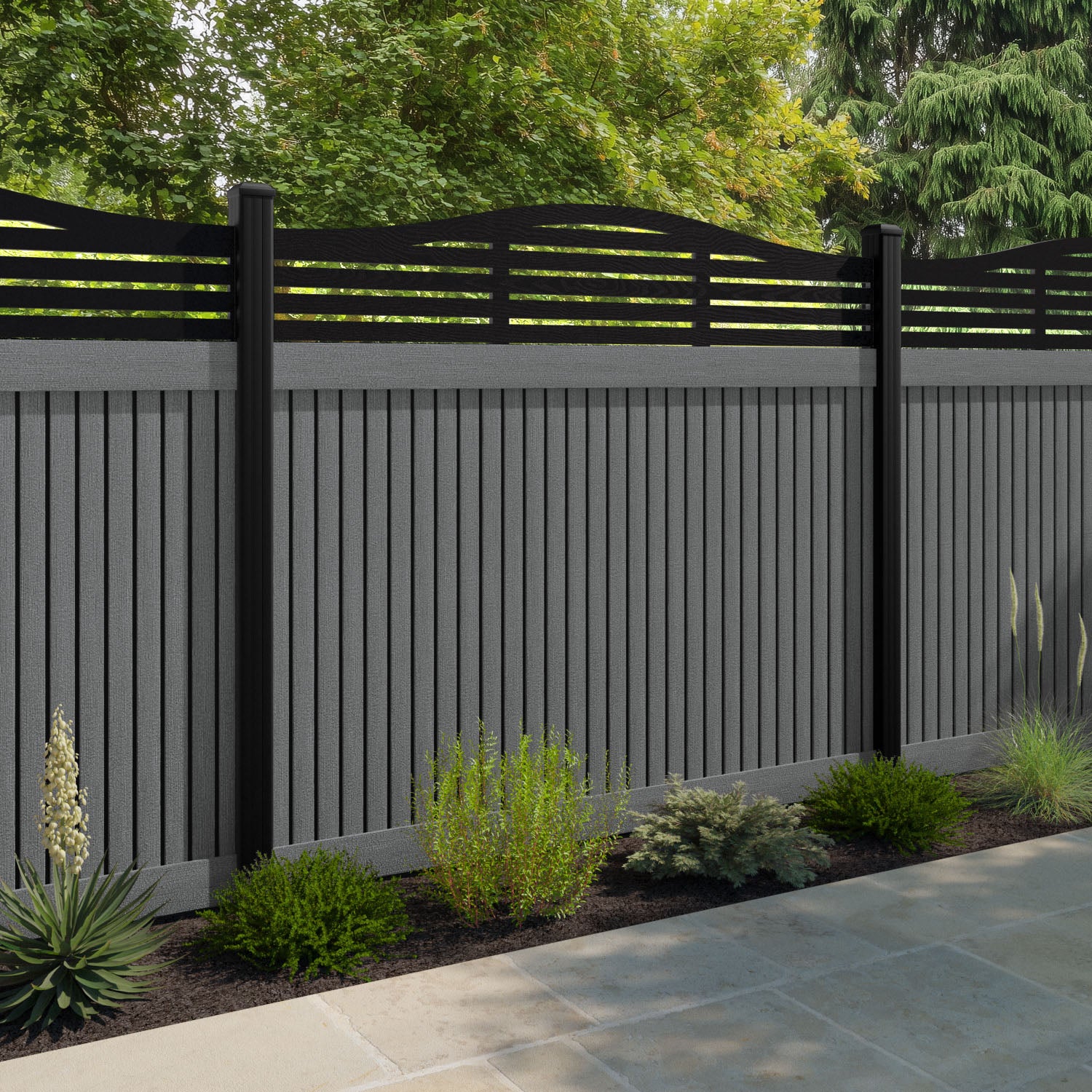 Virtis Aspen Curved Top Fence Panel - Mid Grey - with our composite posts