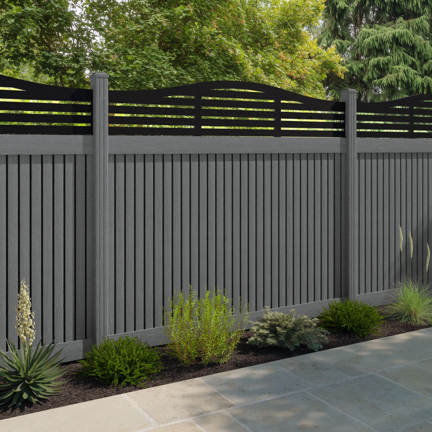 Virtis Aspen Curved Top Fence Panel - Mid Grey - with our composite posts