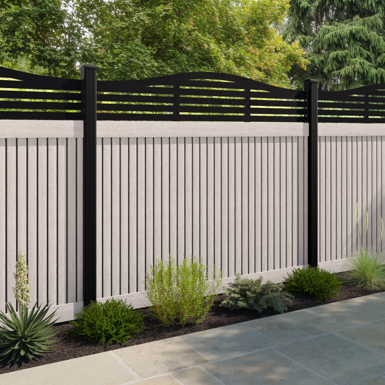 Virtis Aspen Curved Top Fence Panel - Mid Stone - with our aluminium posts